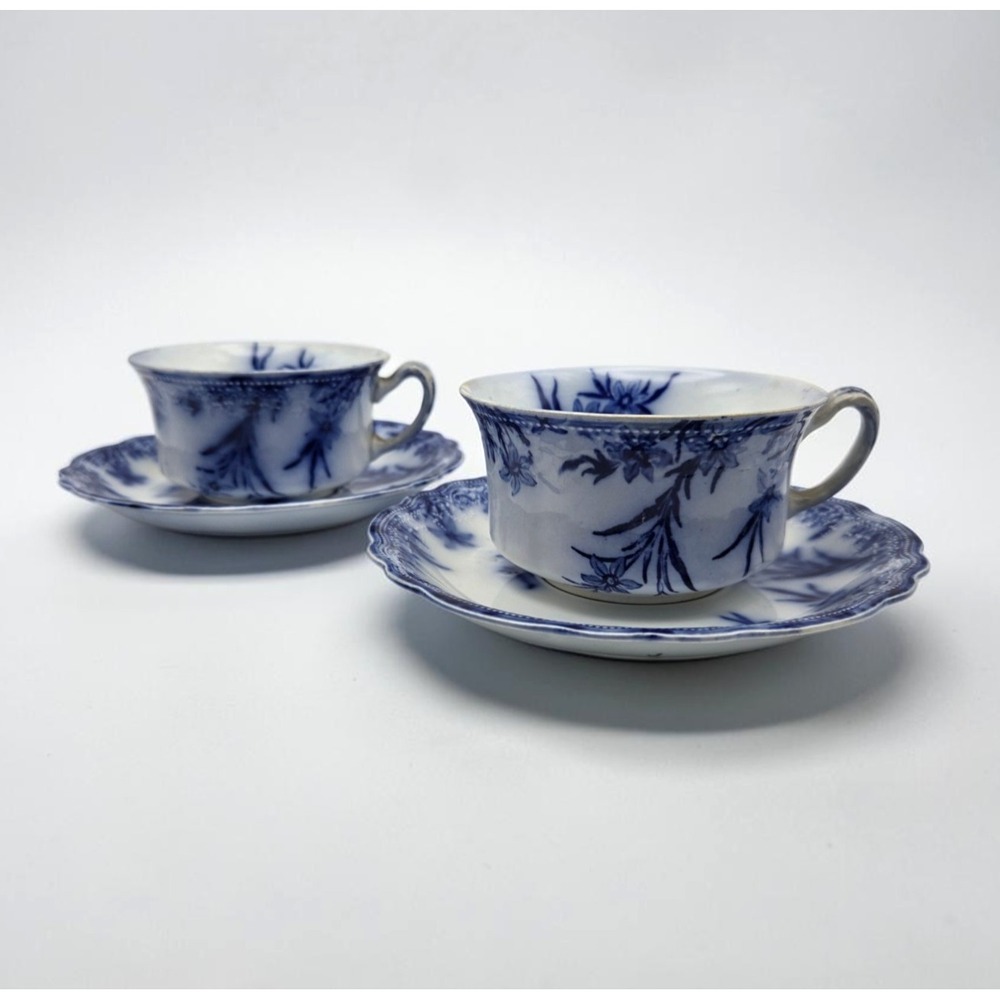 Set of 2 Vintage W.H. Grindley Dover Pattern Flow Blue Cups & Saucers England